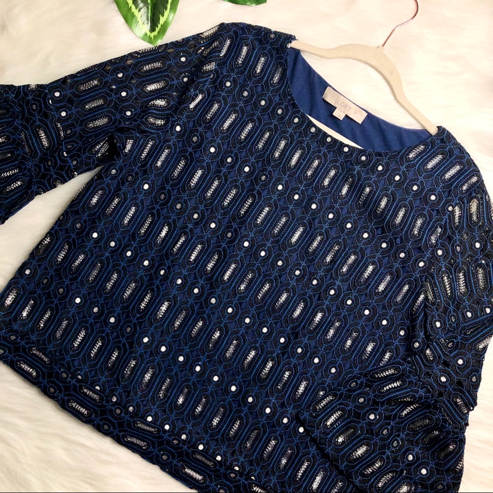 Loft Navy Lace Metallic Crochet Bell Sleeve Blouse - Picture 4 of 12